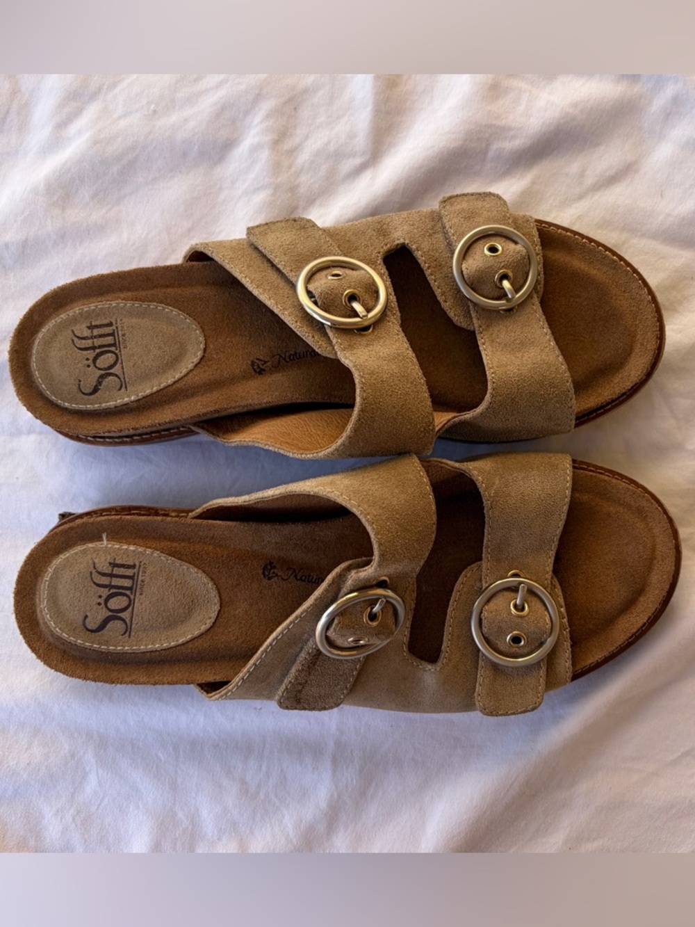 Sofft Beige Suede Slide Sandals Velcro Adjust Cork Sz 8.5 Women’s Great Cond